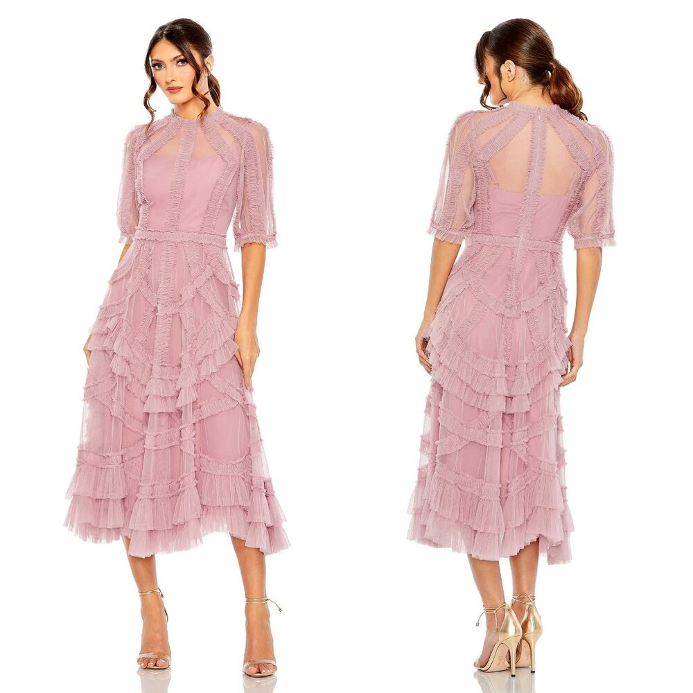 MAC DUGGAL | HIGH NECK PUFF SLEEVE RUFFLE TIERED DRESS #8058
